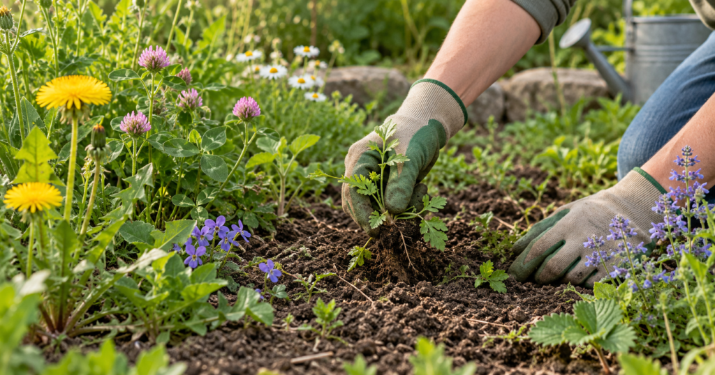 Gärtner entfernt Unkraut aus einem naturnahen Gartenbeet