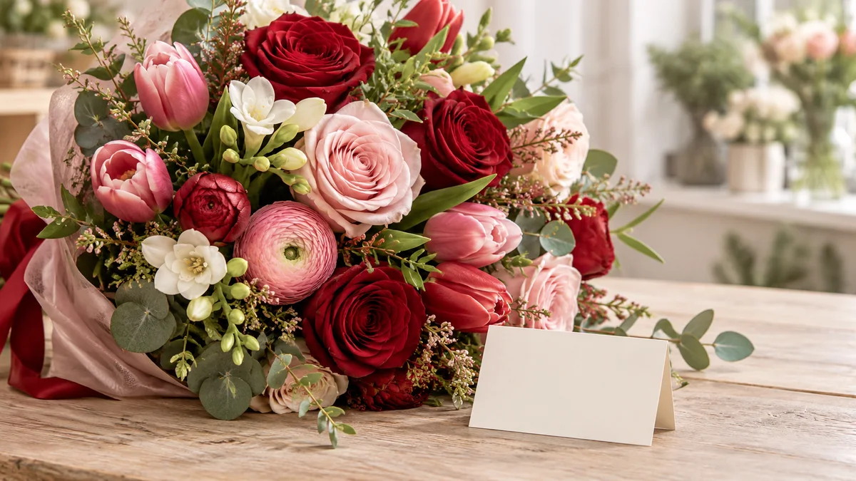 Rosen, Tulpen, Ranunkeln und Freesien als Valentinsstrauß