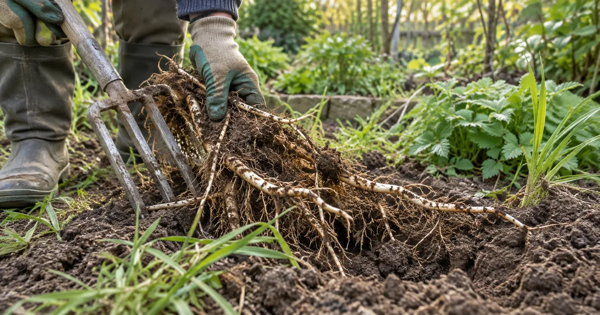 Wurzelunkräuter bekämpfen: Grabgabel hebt lange helle Rhizome aus gelockerter Gartenerde