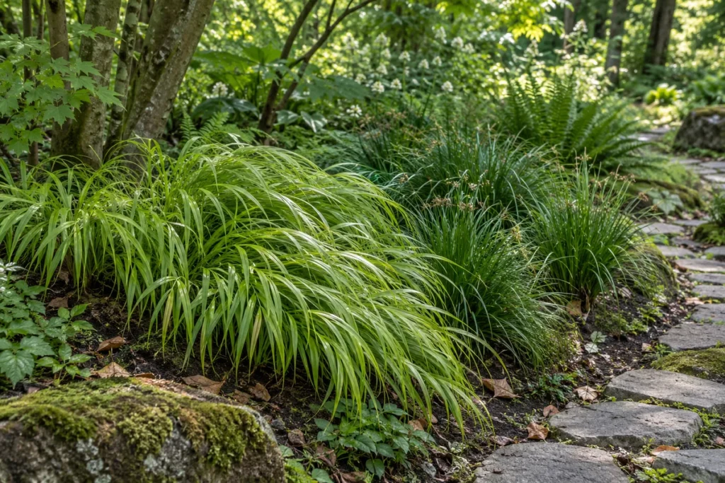 Gräser für Halbschatten und frische Böden Japanisches Waldgras und Seggen an einem halbschattigen Gartenweg